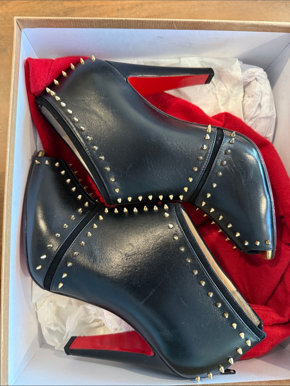 Christian Louboutin Black Leather Studded Ankle Booties with Red Sole